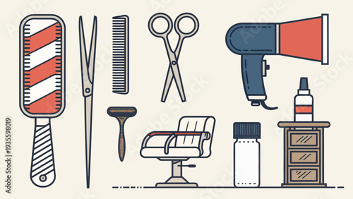 Barber shop essentials flat vector illustration with tools and furniture for grooming and haircut