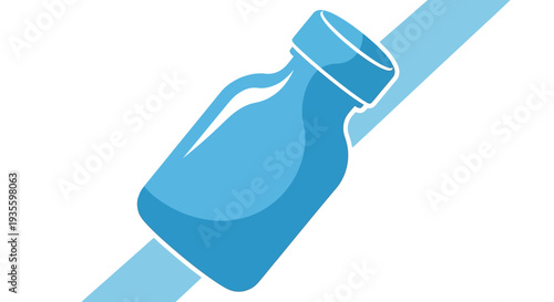 A stylized illustration of a blue glass vial with a cap, set against a diagonal light blue stripe on a white background.