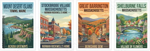 Vintage travel posters of Mount Desert Island, Stockbridge, Great Barrington, and Shelburne Falls. Retro vector art of New England coastal views and autumn towns.