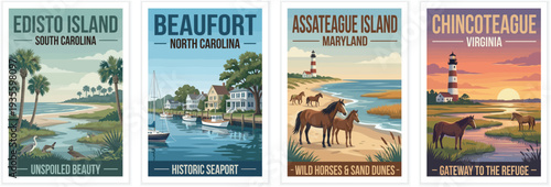 Vintage travel posters of Edisto Island, Beaufort, Assateague Island, and Chincoteague. Retro vector art showing wild horses, lighthouses, and coastal nature.