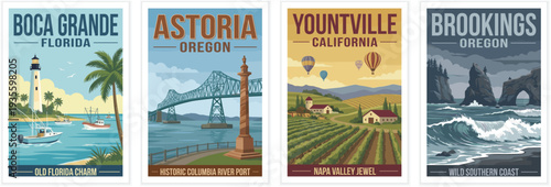 Vintage travel poster set featuring Boca Grande, Florida. Astoria and Brookings, Oregon. Yountville, California with lighthouse, bridge and vineyard views.