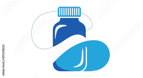 A stylized blue bottle with a cap and a large blue pill, suggesting medication or supplements.