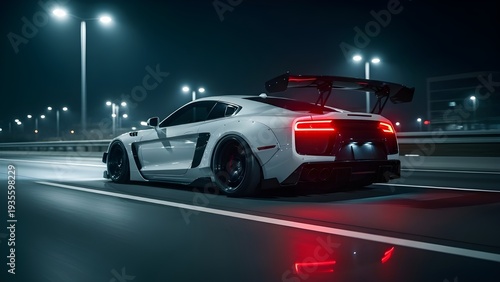 White supercar speeding on highway at night with motion blur