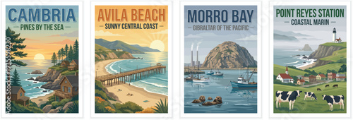 Vintage usa travel poster set. Including cambria, avila beach, morro bay, and point reyes station california. Retro vector illustration.