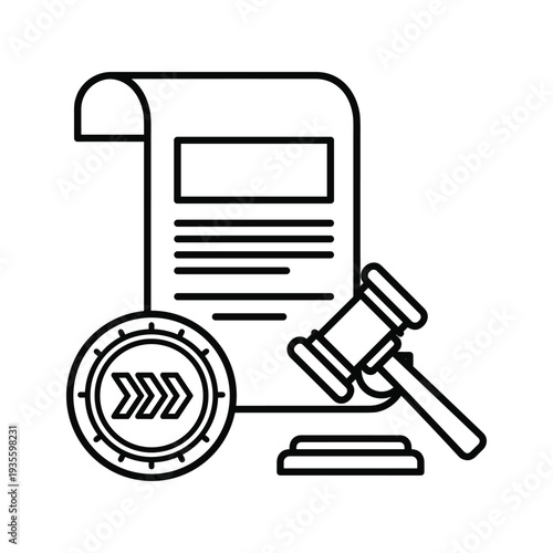 Legal document with a gavel and a badge symbolizing justice and compliance