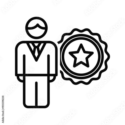 Professional figure receiving an award badge with a star for achievement and recognition