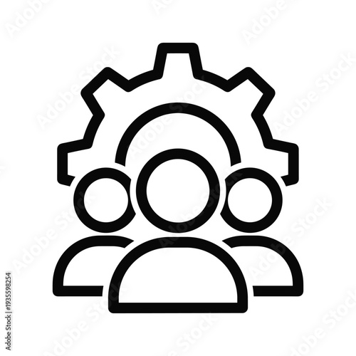 Teamwork and innovation symbolized by a gear and group of people icons