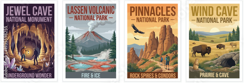 Vintage usa travel poster set. Including jewel cave national monument, lassen volcanic, pinnacles, and wind cave national park. Retro vector illustration.