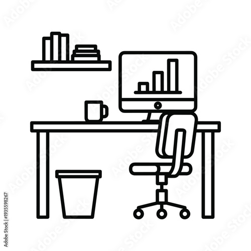 A minimalist illustration of a home office workspace with computer and office supplies