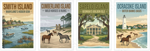 Vintage usa travel poster set. Including smith island maryland, cumberland and sapelo island georgia, and ocracoke island north carolina. Retro illustration.