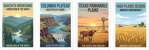 Vintage usa travel poster set. Including ouachita mountains, columbia plateau, texas panhandle plains, and high plains region. Retro vector illustration.
