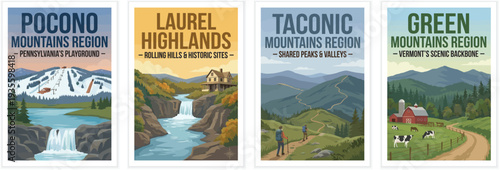 Vintage usa travel poster set. Including pocono mountains and laurel highlands pennsylvania, taconic mountains, and green mountains vermont. Retro illustration.