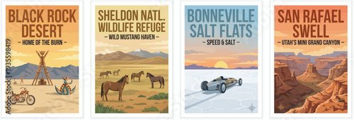 Vintage usa travel poster set. Including black rock desert nevada, sheldon refuge, bonneville salt flats, and san rafael swell utah. Retro vector illustration.