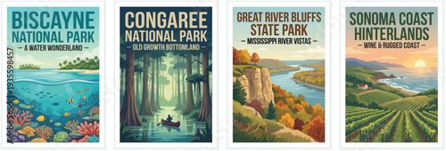 Vintage usa travel poster set. Including biscayne and congaree national park, great river bluffs state park, and sonoma coast. Retro vector illustration.