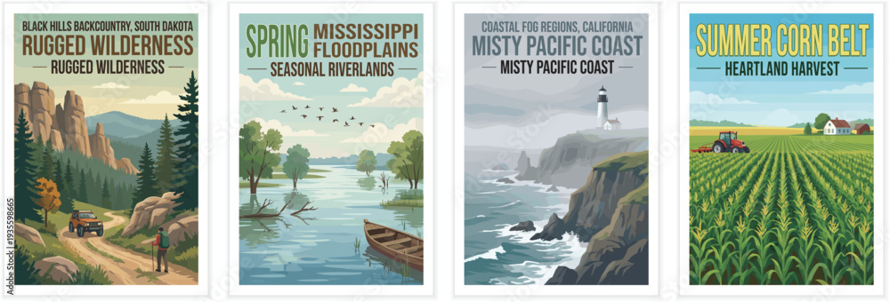 Fototapeta premium Vintage usa travel poster set. Including black hills backcountry, mississippi floodplains, misty pacific coast, and summer corn belt. Retro vector illustration.