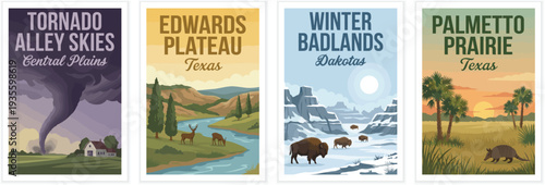 Vintage usa travel poster set. Including tornado alley skies, edwards plateau, winter badlands, and palmetto prairie. Retro vector illustration.