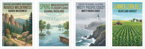 Vintage usa travel poster set. Including black hills backcountry, mississippi floodplains, misty pacific coast, and summer corn belt. Retro vector illustration.