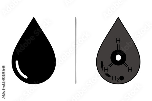 Molecular Structure of Water Droplet Illustrated alongside a Black Droplet Symbol