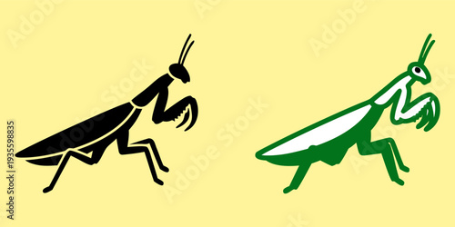 Illustration of mantis and grasshopper side by side in a graphic design, w25.eps reference, vector art, simple environment, side view