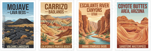 Vintage usa travel poster set. Including mojave lava beds, carrizo badlands, escalante river canyons, and coyote buttes. Retro vector illustration.