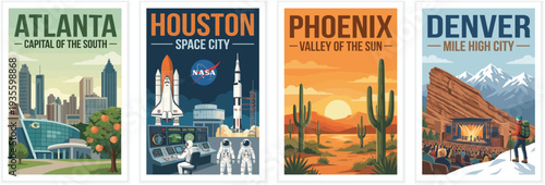 Vintage usa travel poster set. Including atlanta georgia, houston space city, phoenix valley of the sun, and denver colorado. Retro vector illustration.