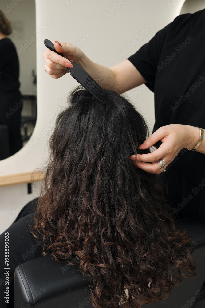Fototapeta premium Professional hairdresser using a pick comb to create volume at the roots of curly hair. Styling process for natural textured hair in a modern beauty salon.