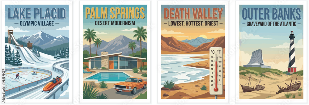 Obraz premium Vintage usa travel poster set. Including lake placid olympic village, palm springs desert modernism, death valley, and outer banks. Retro vector illustration.