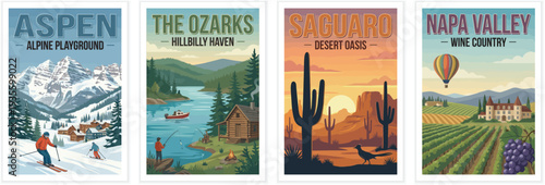 Vintage usa travel poster set. Including aspen colorado skiing, the ozarks, saguaro desert oasis, and napa valley wine country. Retro vector illustration.