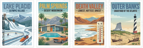 Vintage usa travel poster set. Including lake placid olympic village, palm springs desert modernism, death valley, and outer banks. Retro vector illustration.