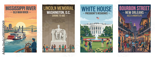 Vintage USA travel poster set. Featuring new orleans jazz, white house, memorial shrine, and mississippi riverboat scenes. Retro vector illustration.