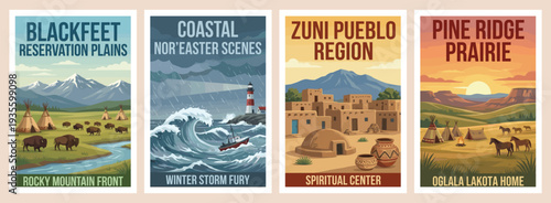 Vintage travel poster collection. Featuring blackfeet reservation, pine ridge prairie, zuni pueblo, and coastal winter storm scenes. Vector illustration.