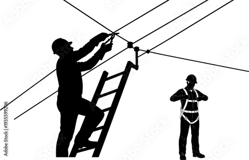 Silhouette workers on ladder and ground, electrical line installation, teamwork safety harness helmet, occupational safety illustration, telecommunications maintenance, industrial construction environ