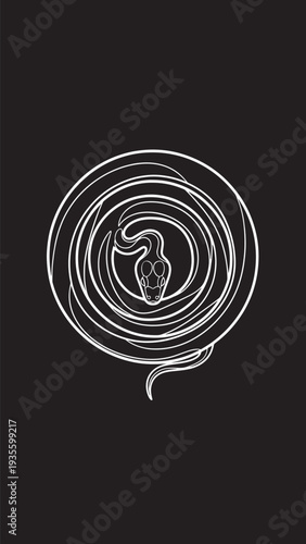 Minimal white spiral labyrinth with central pendant on dark background, abstract line art.