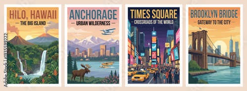 Vintage USA travel poster set. Featuring hilo, anchorage, times square, and brooklyn bridge city scenes. Retro urban vector illustration.