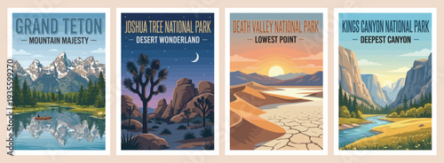 Vintage USA travel poster set. Showcasing grand teton, death valley, joshua tree, and kings canyon national parks. Retro nature landscape vector illustration.