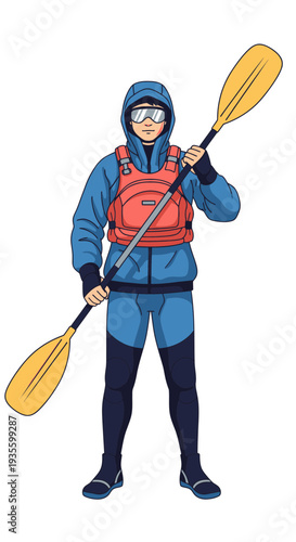 Male kayaker wearing wetsuit and holding paddle in adventure stance  