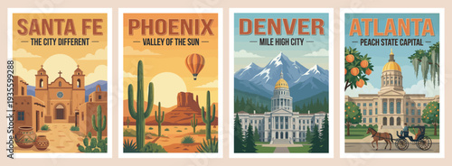 Vintage USA travel poster set. Showcasing santa fe, denver, phoenix, and atlanta city landmarks. Retro urban landscape vector illustration.