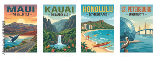 Vintage USA travel poster set. Featuring maui, honolulu, kauai, and st petersburg coastal scenes. Retro tropical landscape vector illustration.