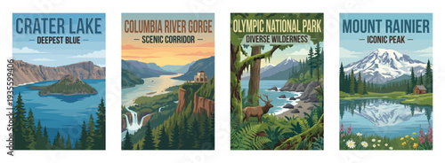 Vintage USA travel poster set. Featuring crater lake, columbia river gorge, olympic, and mount rainier scenes. Retro pacific northwest vector illustration.