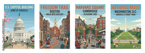 Vintage USA travel poster set. Including capitol building, freedom trail, academic campus, and national mall landmarks. Retro vector illustration.