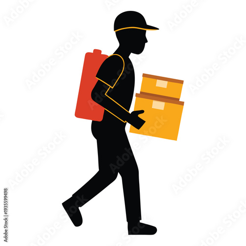 Silhouette of a male worker walking while carrying boxes and a red bag