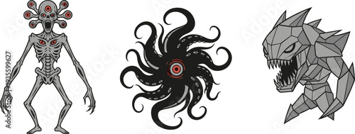 Three stylized monsters, skeletal humanoid with multiple eyes, tentacled cosmic entity with central eye, angular crystalline beast with glowing lines, fantasy horror illustration