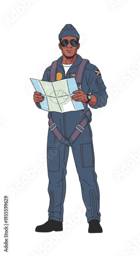 Male pilot reading a map while standing in flight suit  