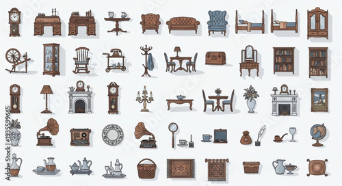 Collection of antique furniture and home decor items.