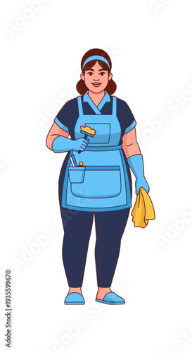 Cleaning woman holding a cleaning tool and cloth in uniform  