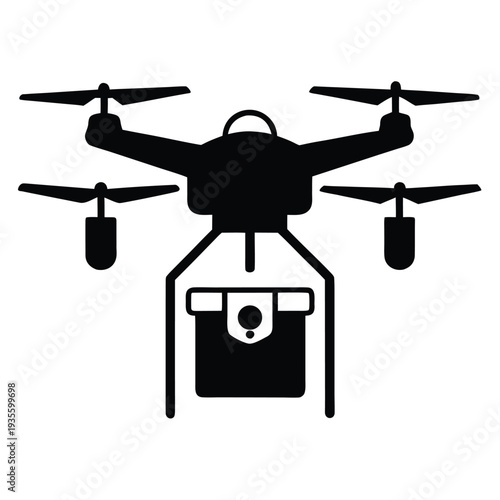 Drone carries the delivery box; innovative automated system is represented in a silhouette symbol