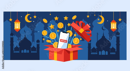 Surprise Gift Box Exploding with Coins and Stars, Featuring a Smartphone with 'Ramadan Deals' Text Against a Backdrop of Mosques and Crescent Moons