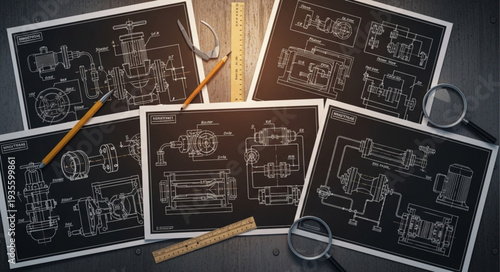 Architectural blueprints and drafting tools on a dark surface.