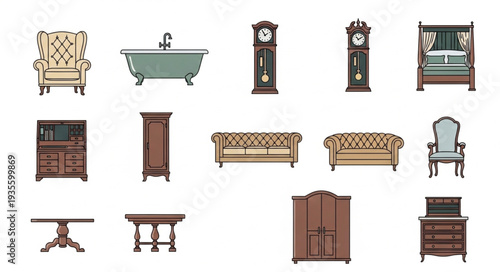 Collection of antique furniture items and home decor.