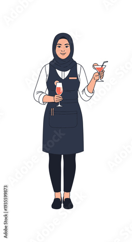 Muslim woman wearing apron serving drinks in a cafe setting  
